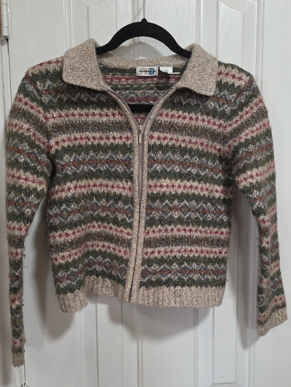 Paul HARRIS Classic Zip-Front Fair Isle Sweater - Beige, Olive & Dusty Rose SZ S